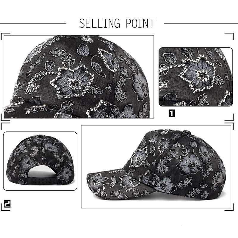 Print Women Baseball Flower Rhinestone Lace Breathable Sunshade Curved Brim Fashion Street Dance Party Casual New M260626 - view 7
