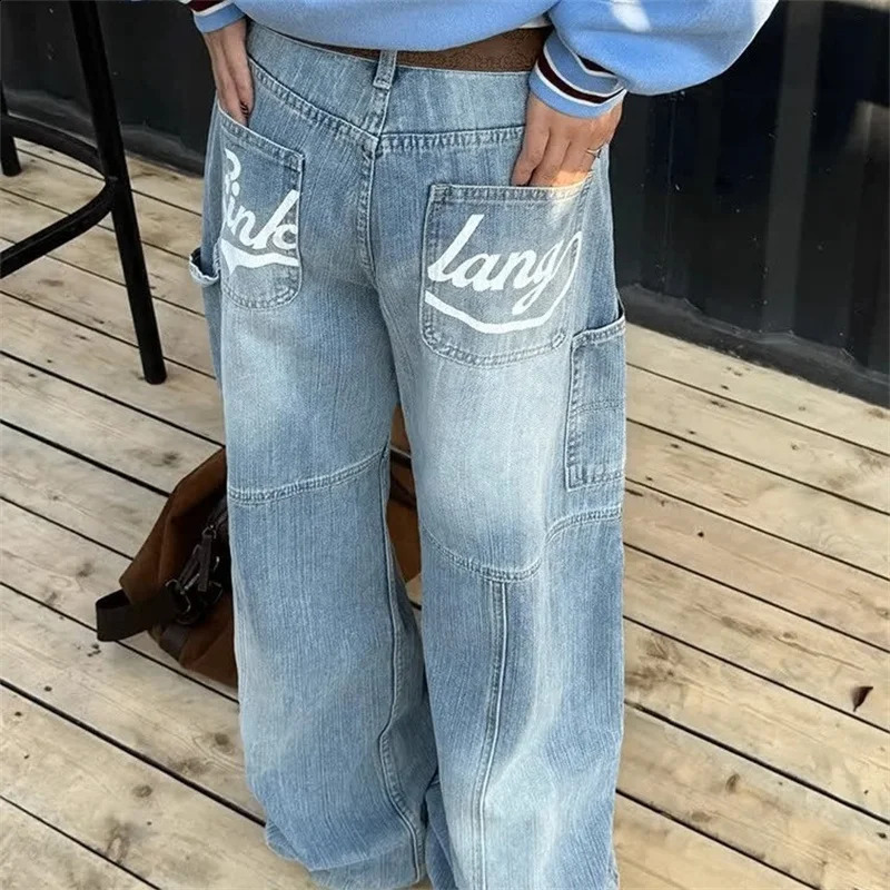 American Retro Letter Printed Baggy Cargo Jeans For Men Y2K Streetwear Straight Blue Denim Pantalones Cleanfit Fashion Jean 260625 - view 5