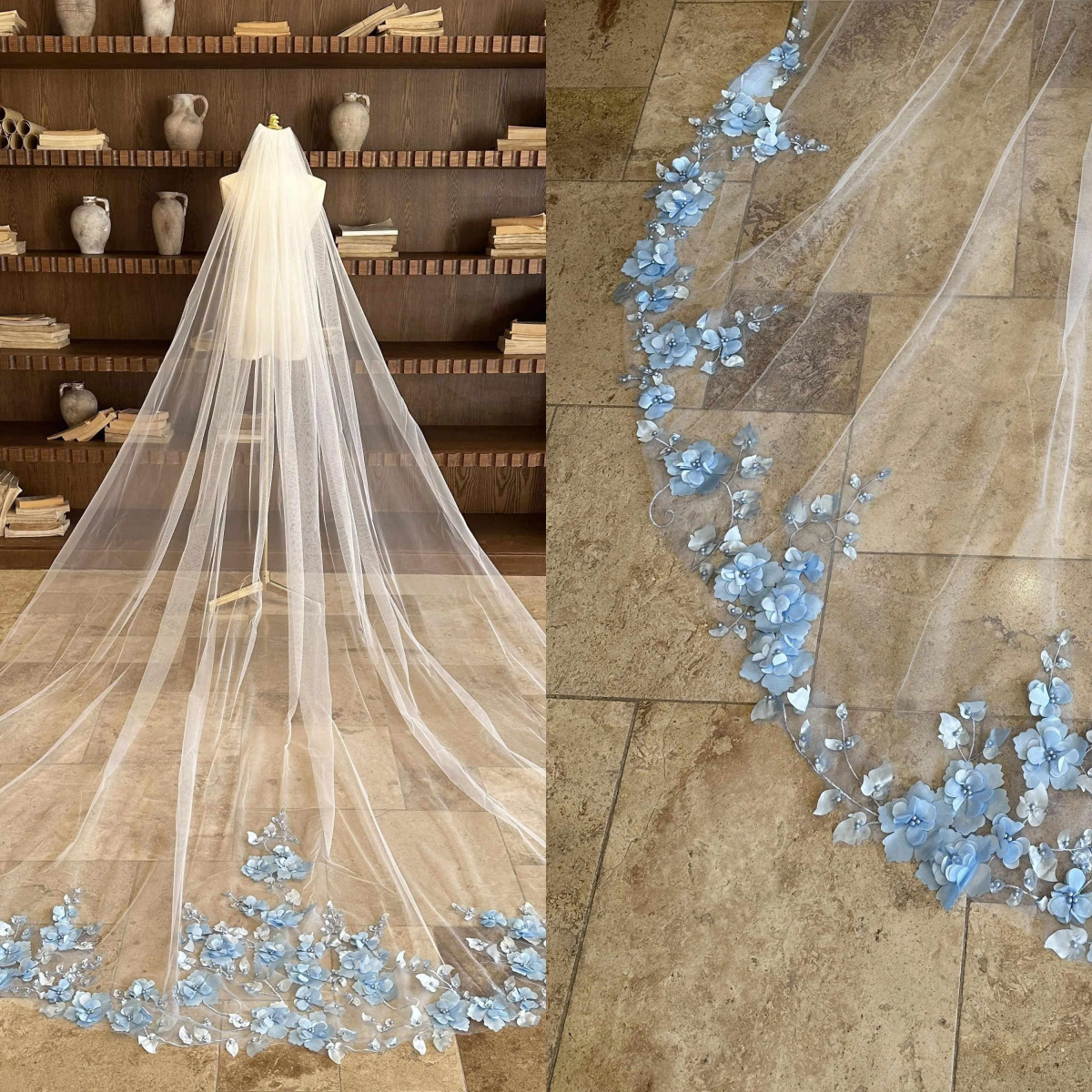 Romantic 3D Floral Lace Wedding Veils Long Cathedral Length One Layer Bridal Veils Soft Tulle Customized Velo De Novia