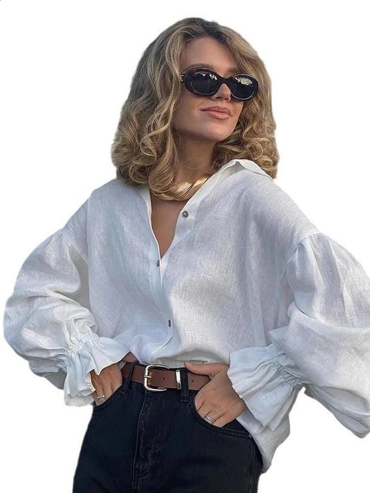 2026 Women White Linen Shirt Oversized Lantern Long Sleeve Pleated Cuff French Vintage Breathable Summer Office Casual Blouse 260626 - view 6