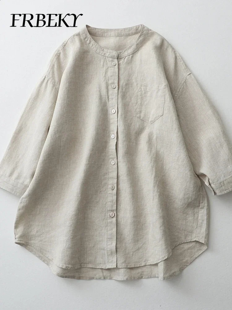 Summer Cotton Linen Solid Color Shirt Standup Collar Sevenminute Sleeve Loose Japanese Womens Blouse Oversized Vintage 260626 - view 3