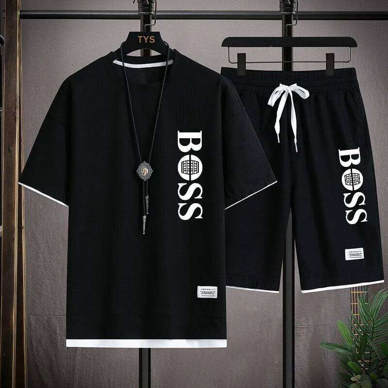 Fashionable printed T-shirt shorts set for men's sports, simple and comfortable summer waffle suit 26Y0626