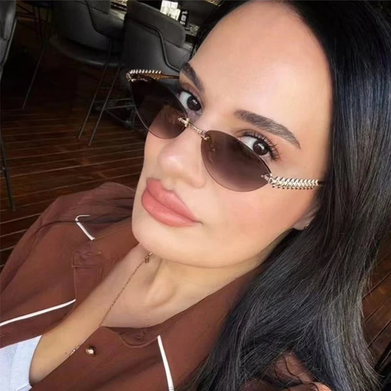 Unique Rimless Brown Sunglasses Women 2025 Metal Frameless Cat Eye Glasses Woman Small Frame High-end y Eyewear 260626 - view 5