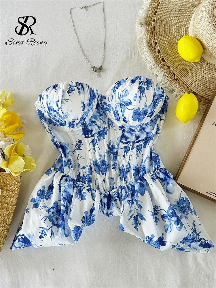 SINGREINY Strapless Floral Corset Top Summer Lace Up Backless Slim Office Lady Ins Tank Top Female French sweet Holiday Camis 260626