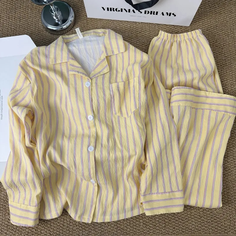 KoreanStyle Simple Striped Pajamas for Women Spring and Summer Loose Lazy LongSleeve Long Pants Homewear Set 260625
