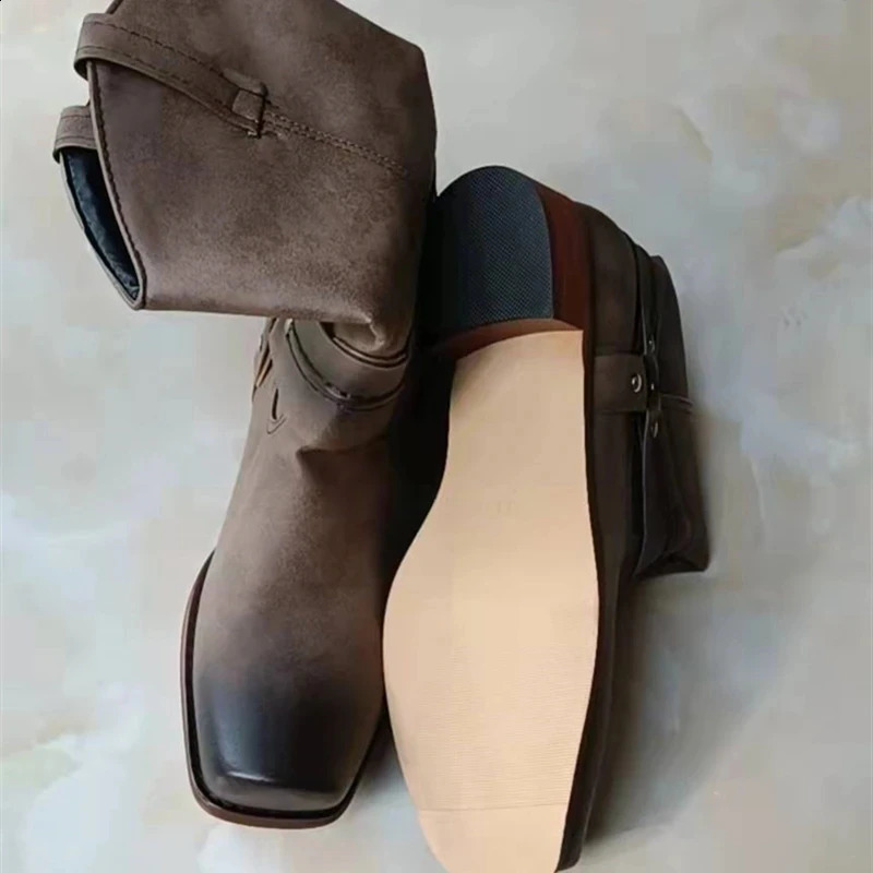 Retro Cowboy Boots Women Men Mid Calf Outdoor Boots Vintage PU Slip on Shoes Winter Gladiator Booties Unisex Brown Long Boots 260626 - view 5