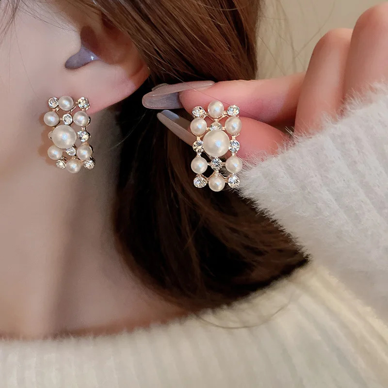 3 Pcs Rhinestone Pearl Rectangular Earrings Necklace Set Two-piece Vintage Choker Accessory Light Jewelry Sets Wedding 260626 - view 6