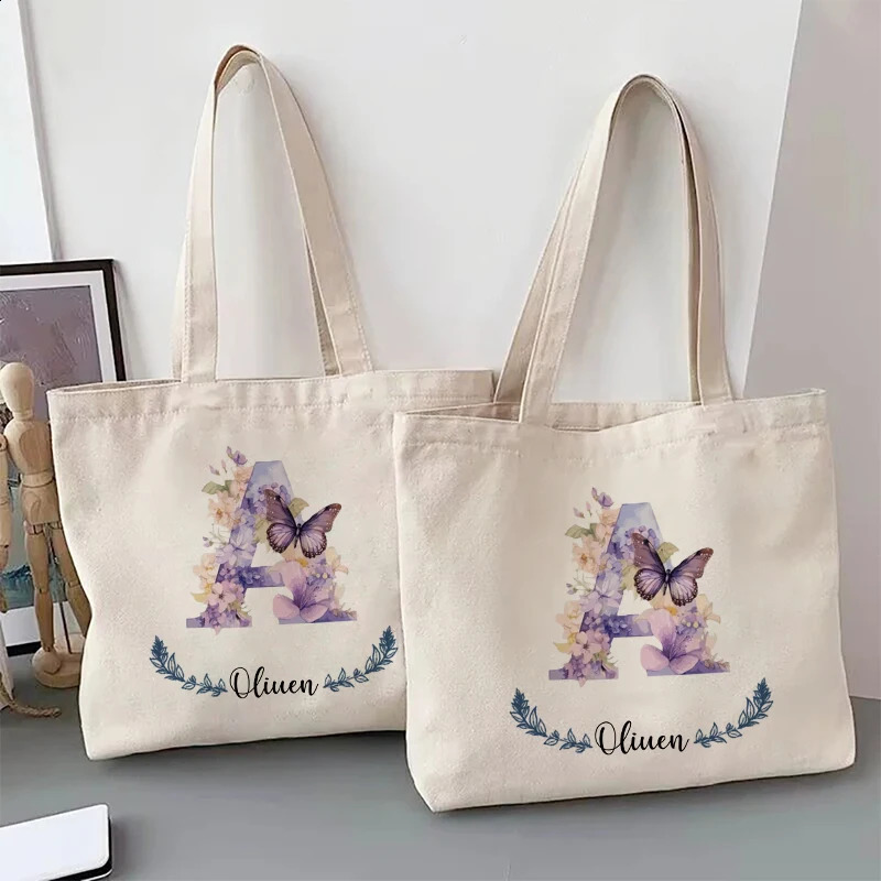 Flower Butterfly Letter Personalized Name Canvas Tote Bag Organizer Romantic Wedding Bridesmaid Party Gift Handbag Shoulder Bags 260625 - view 4