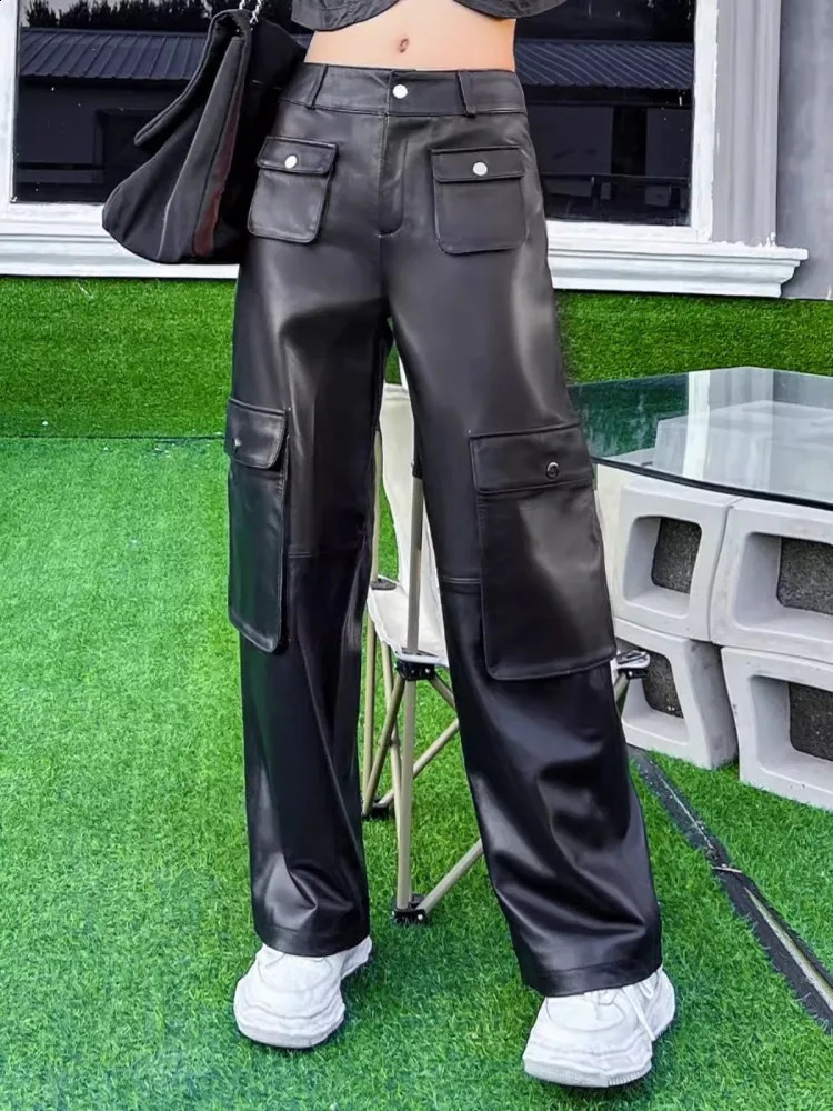 Boyfriend Style Women Multi Pockets Straight Pants Sheepskin Genuine Leather Cargo Spring Autumn Long Trousers Female 260625 - view 3