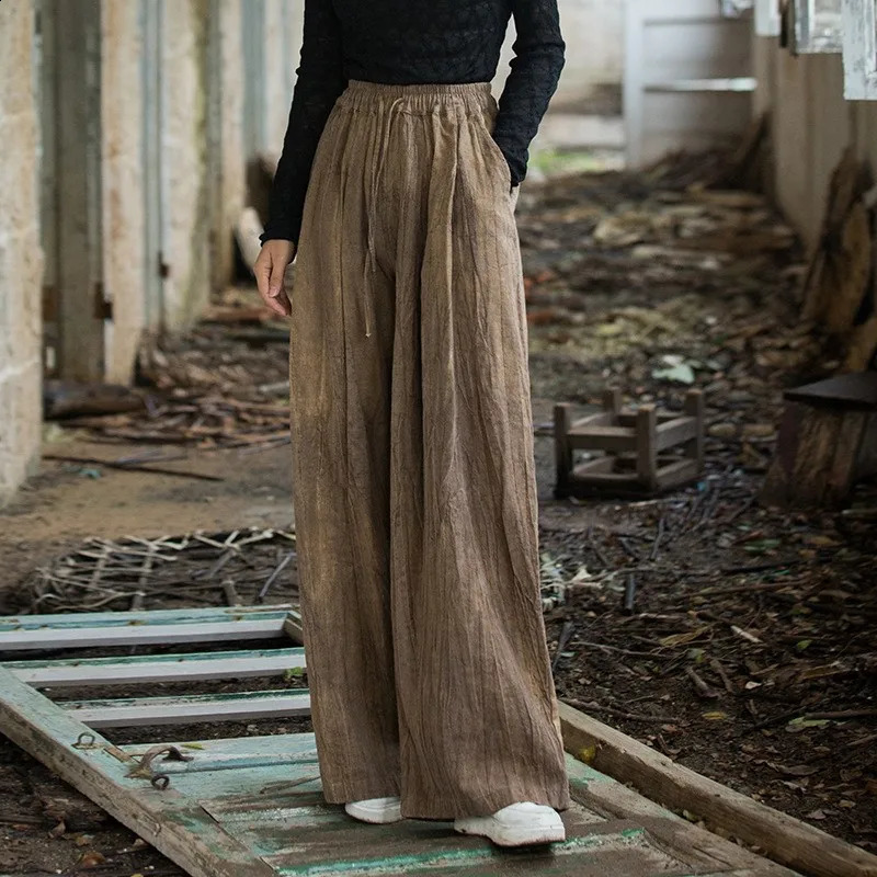 Johnature Women Casual Ramie Cotton Wide Leg Pants Elastic Waist Tiedye Trousers Autumn Pockets Belt Long 260625 - view 1