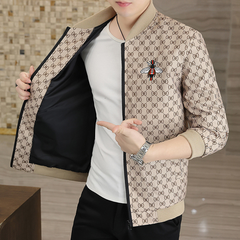 Men's Slim-Fit Jacket, Casual Hooded Long-Sleeve Outerwear with Beige and Black Animal Print Monogram Applique, Acetate Fabric, Zipper Closure for Out