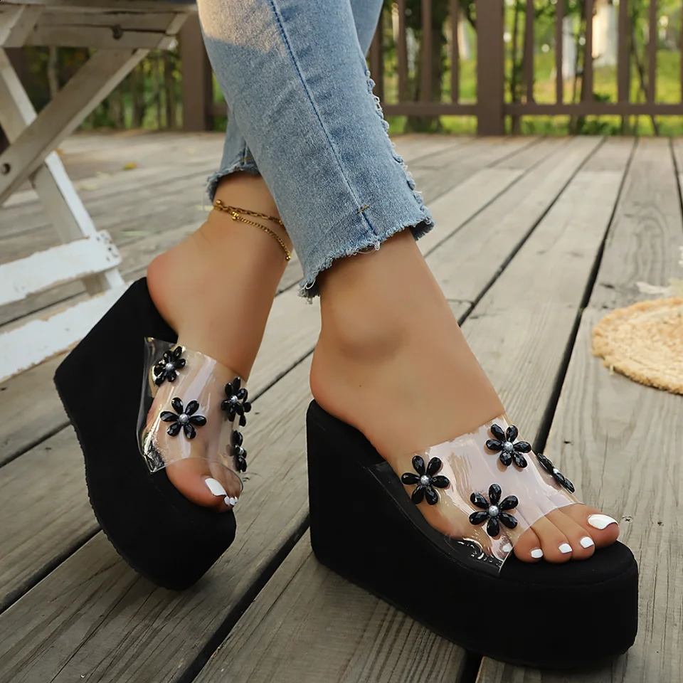 Flower Pvc Transparent High Heel Platform Slippers Woman Summer Retro Leopard Print Thick Sole Sandals Female Wedge Slides 260626
