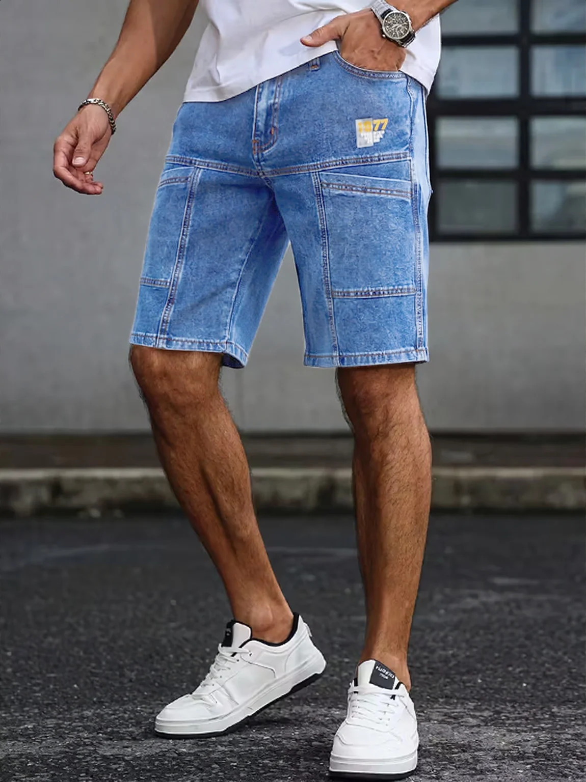 Mens Summer Loose Straight Denim Shorts American Workwear Patchwork Style Casual Cargo MidRise 260625 - view 1