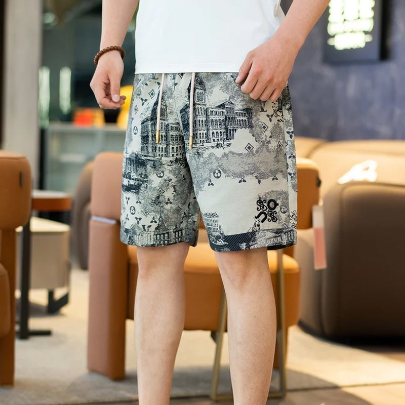 Men's Pleated Athleisure Shorts, Relaxed Skinny-Fit Capris with Low-Waist Elastic Drawstring, Lightweight Polyester Cityscape Print and Feather Detail - view 5