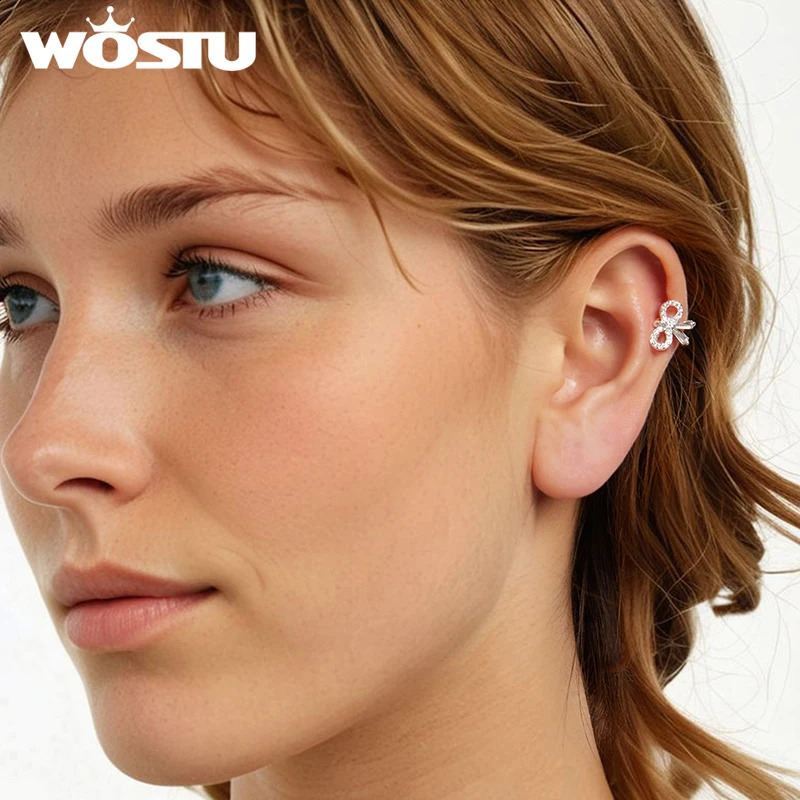 WOSTU 925 Sterling Silver Zircon bow knot MonoEar Cuff for Women Wedding Ear Clip Allmatch Jewelry Gift 1 Piece 260623 - view 3