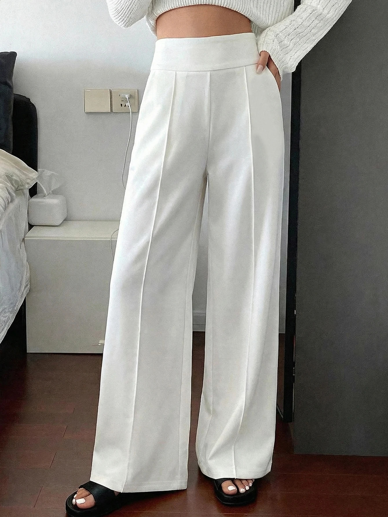 Women Loose Straight Leg Pants Minimalist White Casual Long Slimming Cargo With Stripe n Standard Size Suitable 260625 - view 6