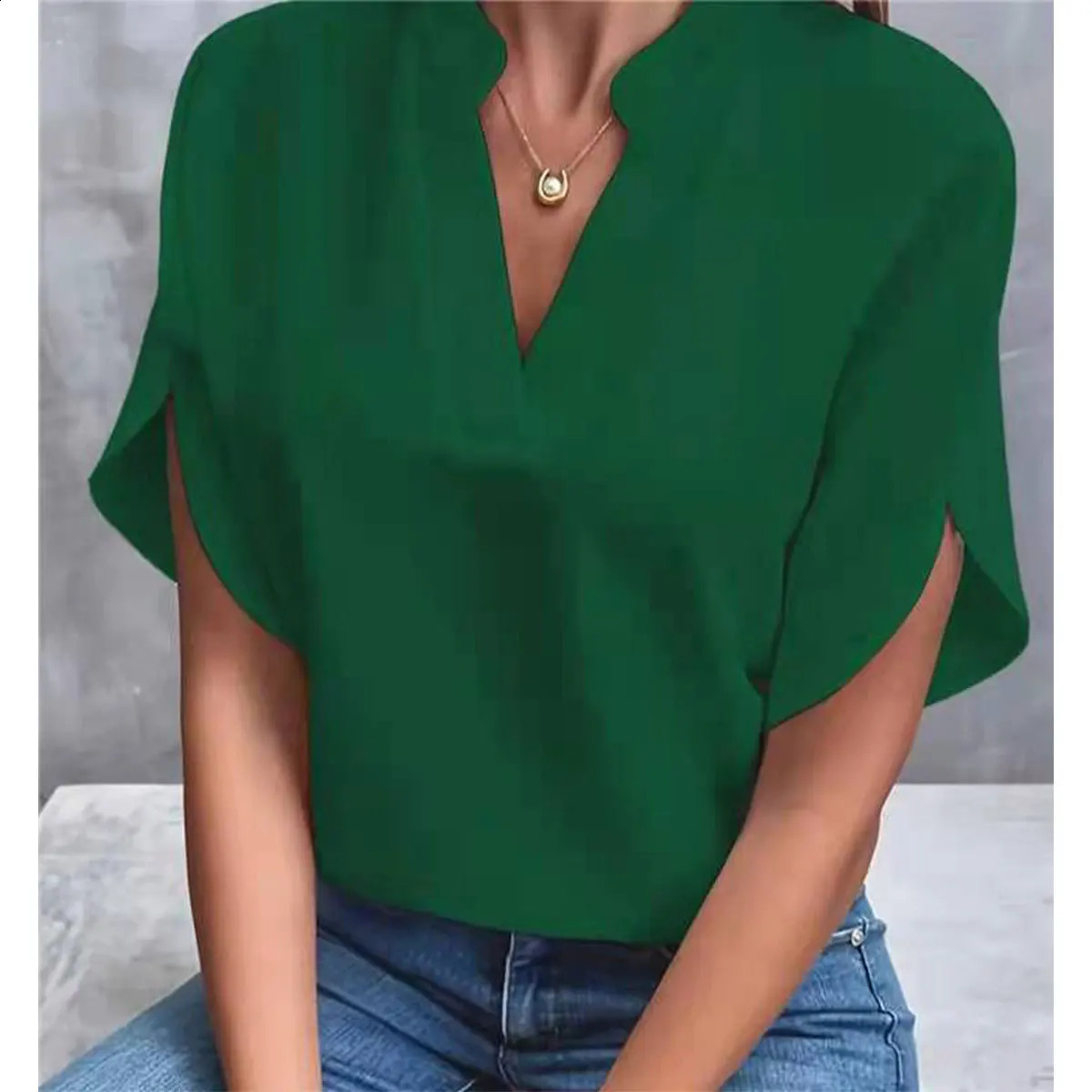 Women Elegant Solid V Neck Blouse Casual Short Sleeve Loose Shirt Summer Tops Harajuku Office Ladt Chiffon 2026 260626 - view 6