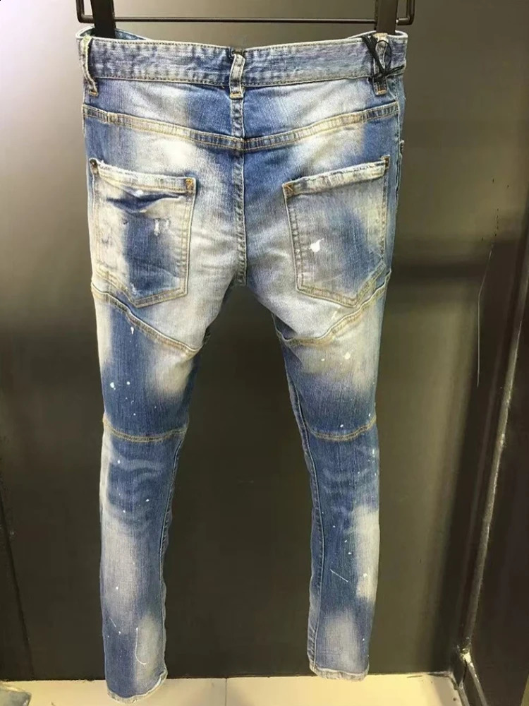 Mens Ripped Jeans Distressed Elastic Slim Pencil Fit Denim Pants Paint Splatter Streetwear Y2K High Street Biker Trousers 260625 - view 4