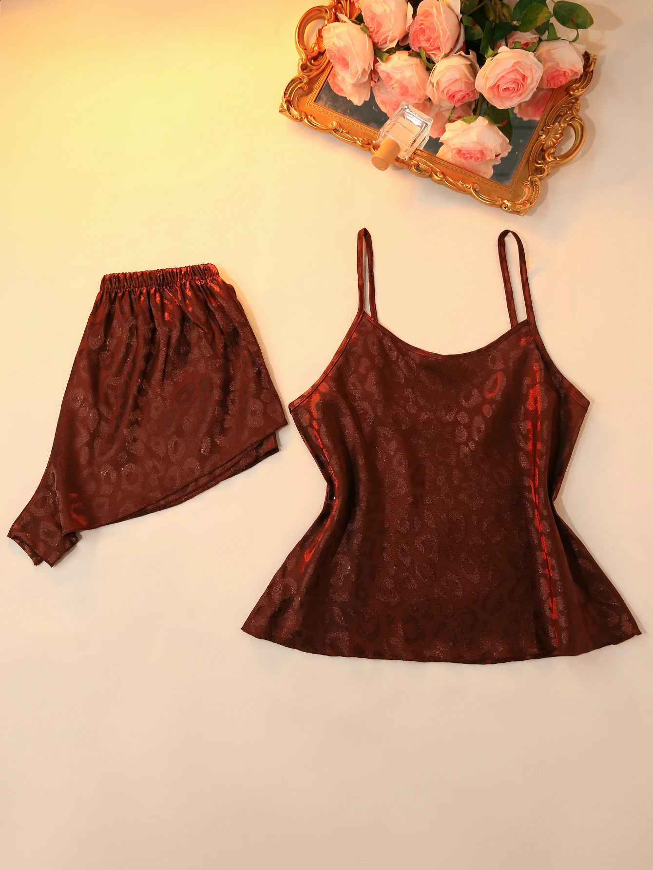 Elegant Brown Leopard Print Pajama Set for Women top and Shorts Nightwear 2 Piece Sleepwear Homewear Summer 260625