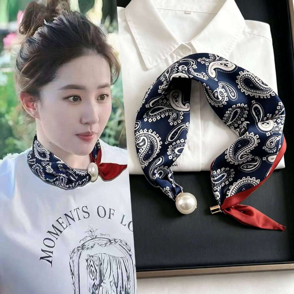Luxury Pearl Tail Magnetic Women Silk Scarf Summer New Versatile Breathable Fashion Artistic Accessory Neck Wrap Scarves Ladies 26Y06226