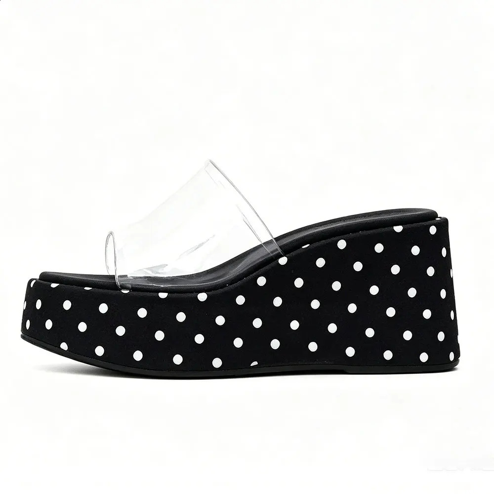 Transparent PVC Wedge Slide Mules Shoes Women Vintage Slip On Platform 75CM High Heel Leopard Print Polka Dot Summer Sandals 260626 - view 3