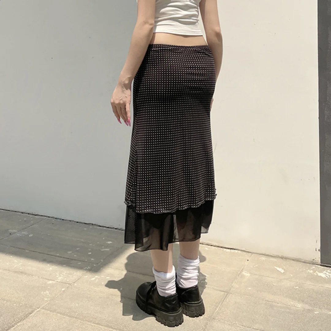 Chic Women Midi Skirt Polka Dot Double Layer High Waist Flowy Casual Elegant Skirts 2026 Spring Summer Street 260626 - view 3