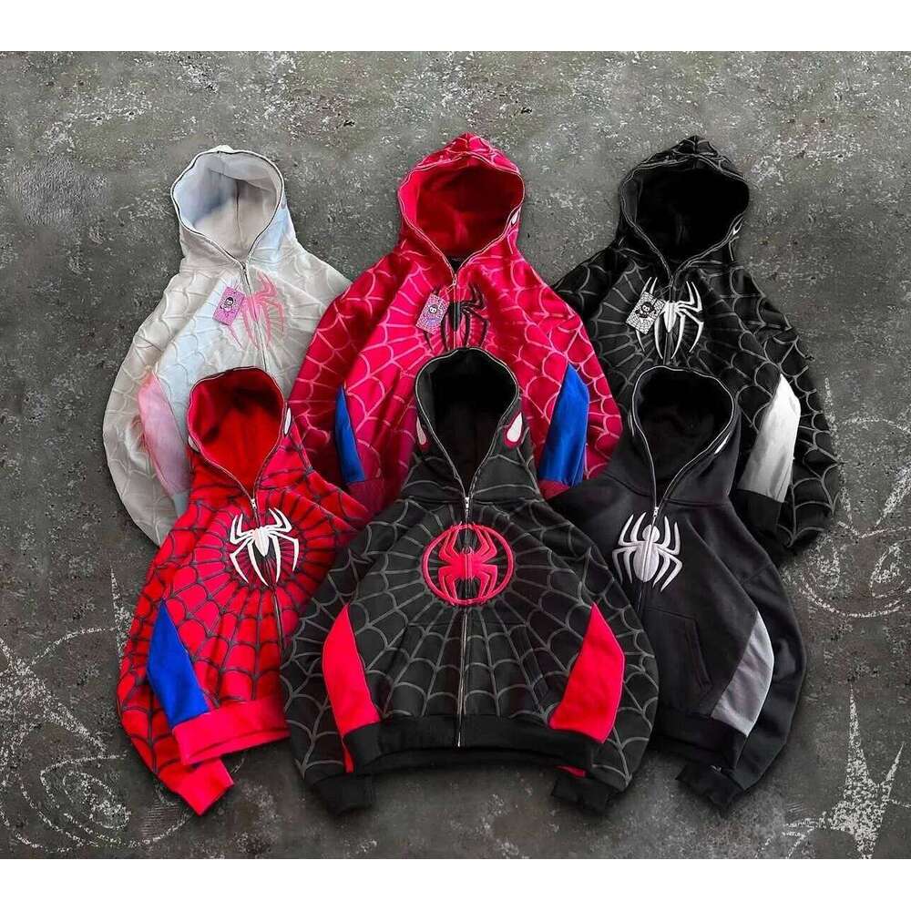American Spider 3D Foaming Embroidery Zipper Hoodie Y2K Retro Gothic Harajuku Women Zip Up Jacket Hoodies Sweatshirt Men Clothes W260626