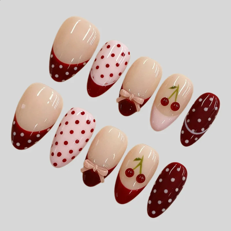 30Pcs Fake Nails Sweet Pink French Polka Dots Bows and Playful CherriesPress-On Nails Perfect as Gifts for Girls and Friends 260626 - view 5