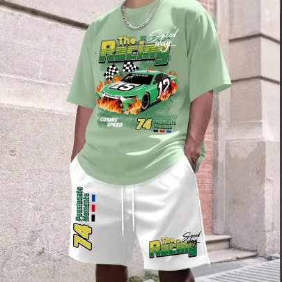 Hot-Selling Summer New Men's Casual Beach Shorts And Short-Sleeve Digital Print Set Me - view 3