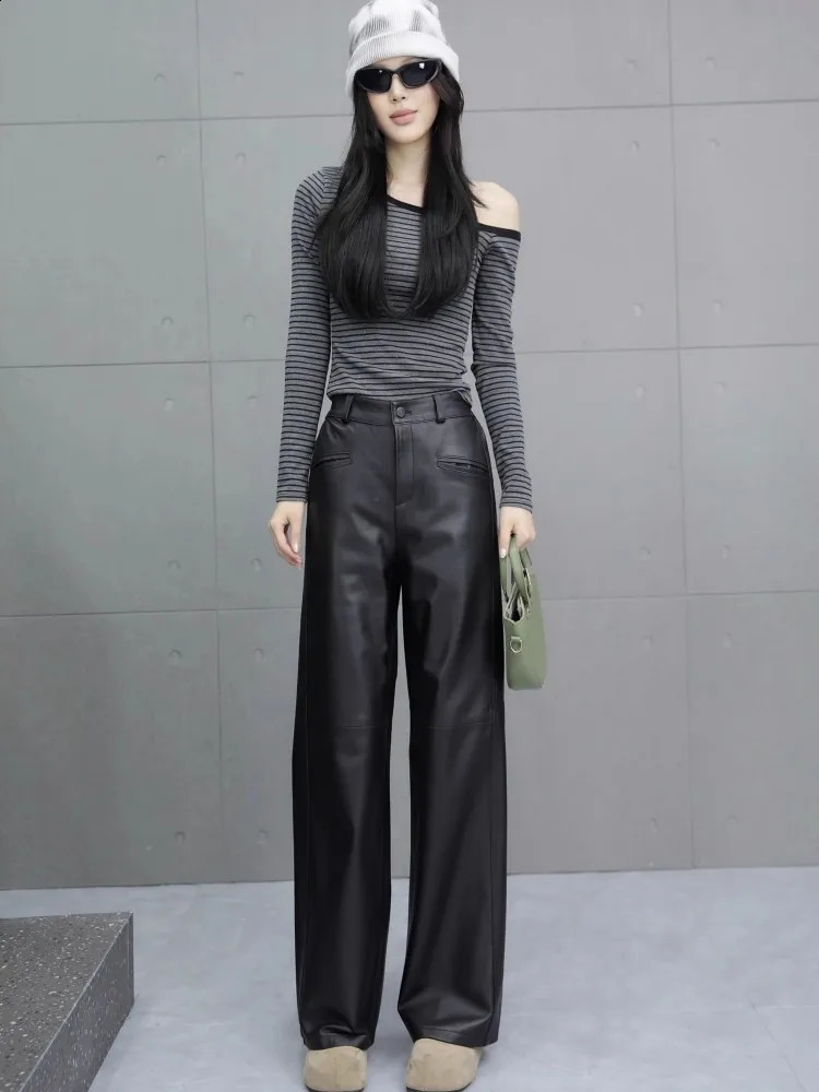 Autumn Black Genuine Leather Women Pants Straightleg Sheepskin Wide Leg Pant Elastic Waist Full Length Casual Trousers 260625 - view 4