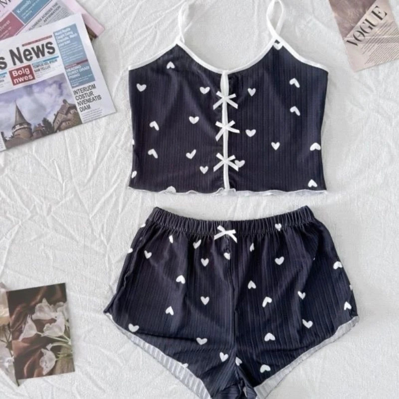 Summer Heart Print Sexy Ribbed Bow Decor Pajama Set for Womens Sleepwear Comfortable Crop Cami Top Shorts Loungerwear 260626 - view 5