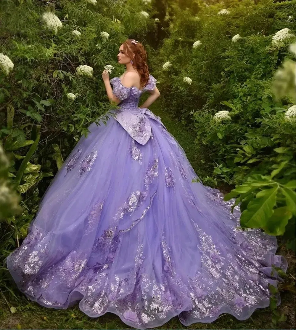 Light purple off-shoulder short-sleeve dress with a big bow on the back, glitter tulle train, and full skirt Quinceanera dreamy princess dress - view 5