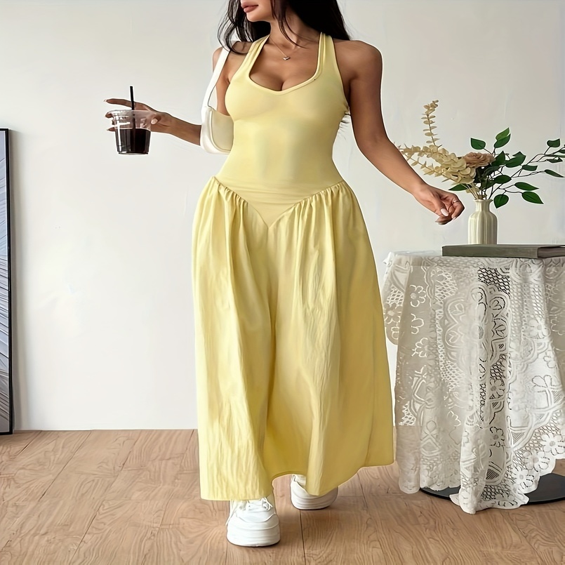 2026Women Yellow Halter Neck Maxi Dress Sleeveless VNeck Backless ALine Long Casual Summer Elegant Beach Party Dresses 260625