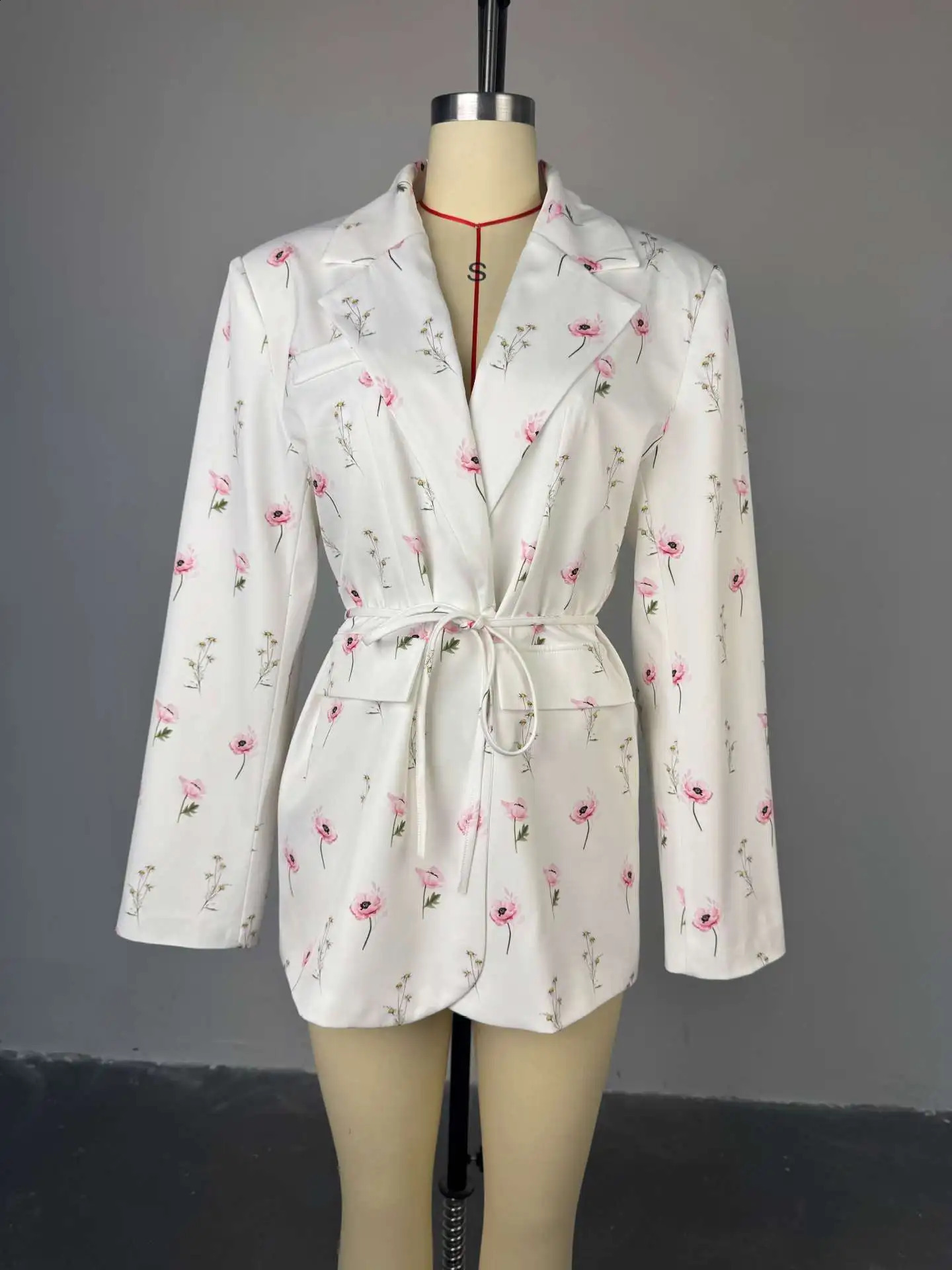 Women Blazer Coat Print Suit Jacket Lace Up Long Sleeve Notched Collar Waist Cinched Loose Casual Office Lady Spring Summer 260625 - view 6