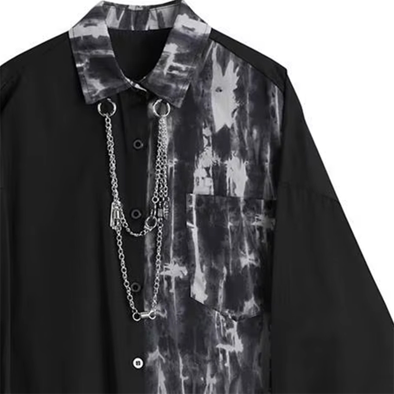 Spring Autumn Fashion Turn-down Collar Long Sleeve Tie Dye Blouse Mens Clothing Patchwork Chain Button Korean Trend Shirts 260616 - view 6