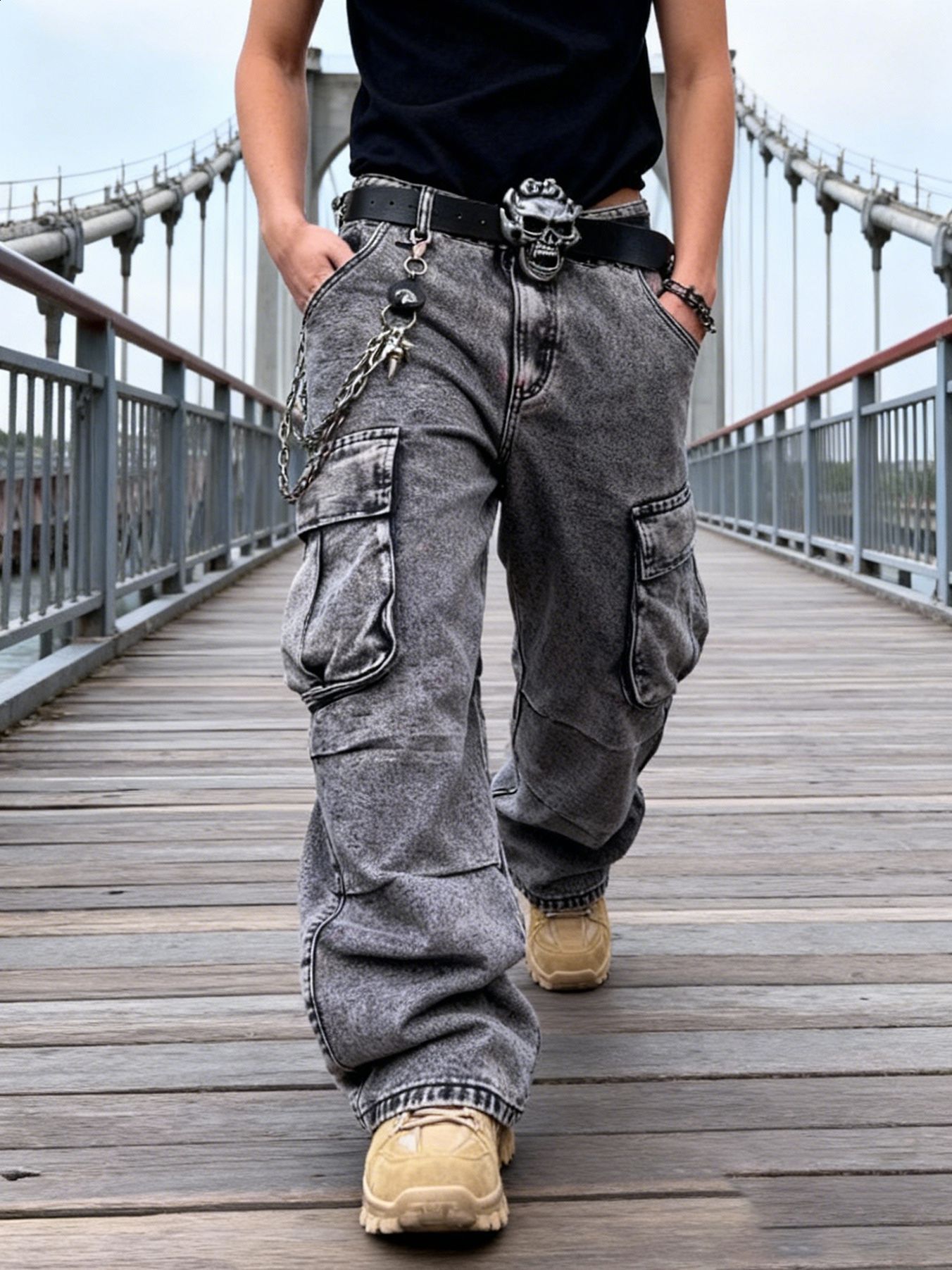 Multipocket workwear jeans for men American style trendy high street loose fit hiphop wideleg straight pants 240819