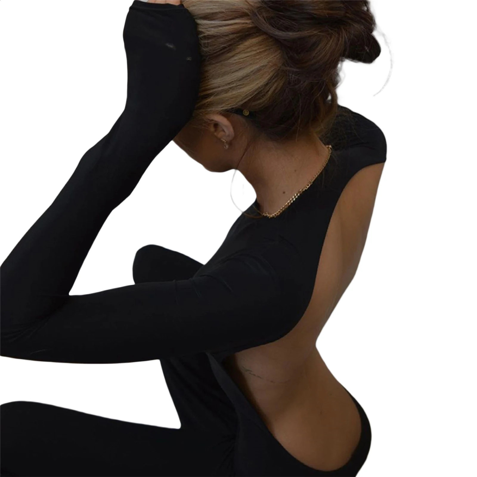 Fashion Women Flare Leg Jumpsuit Long Sleeve Backless Solid Color Bodycon Romper Pants 260626 - view 6