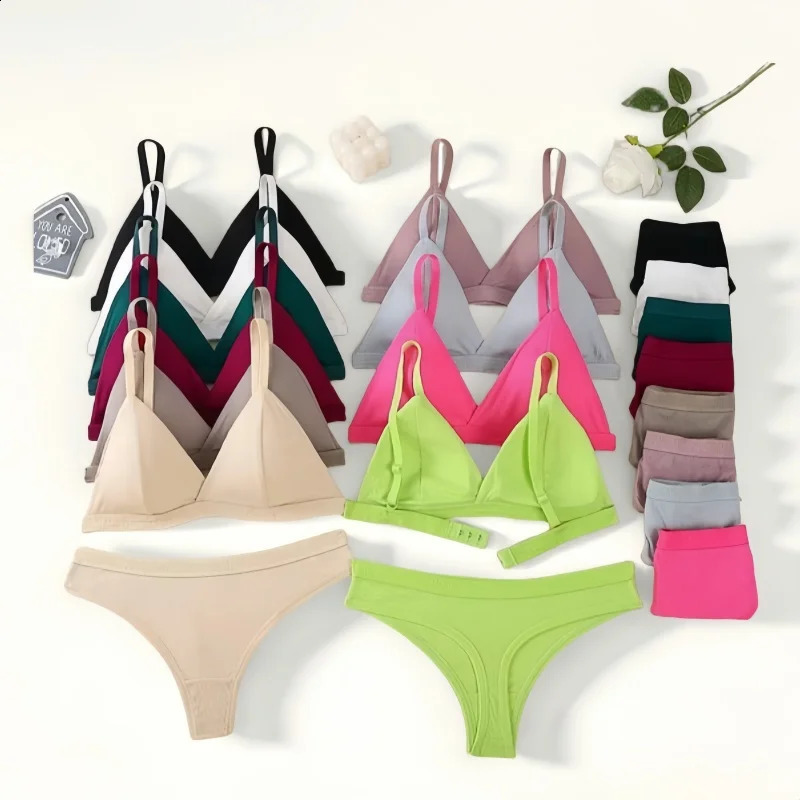 Women Bra and Panties Set Push Up Bralette Nonwire 13 Cup Bras Low Rise Thongs Sexy Lingerie Cotton Underwear 260626