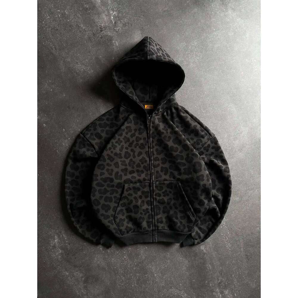 Y2K Zipper Autumn Winter Retro Leopard Print Hooded Sweatshirt for Men and Women Loose Design Clothes W260626