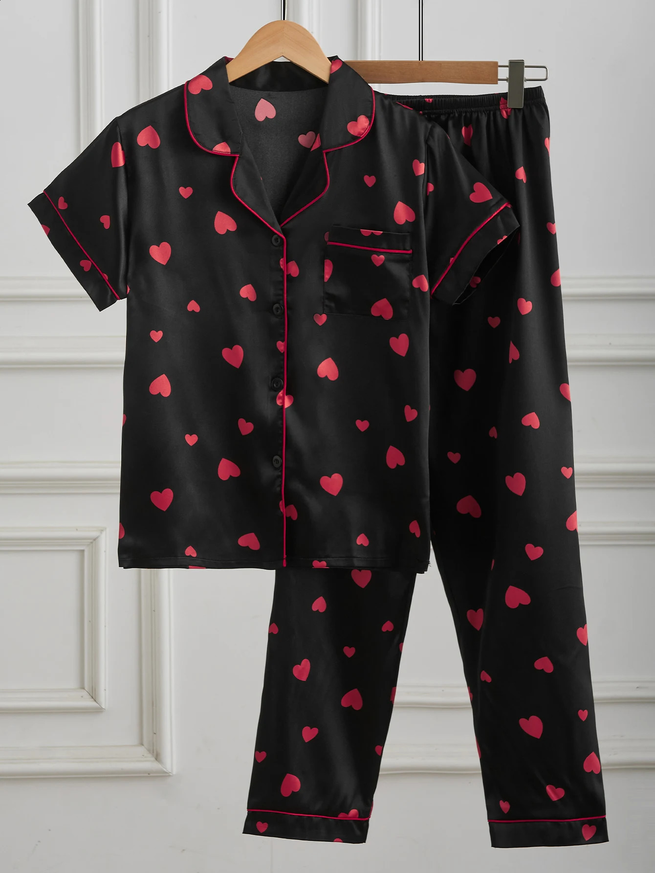 Womens Satin Silk Pajama Set Black Red Heart Print Short Sleeve Long Pants 2 Piece Loungewear Button Down Sleepwear 260625 - view 4