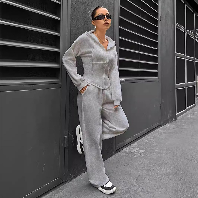 Cross-border independent store autumn/winter Amazon European American women's fashion hooded cardigan slim-fit sweatshirt and wide-leg pants two- - view 3