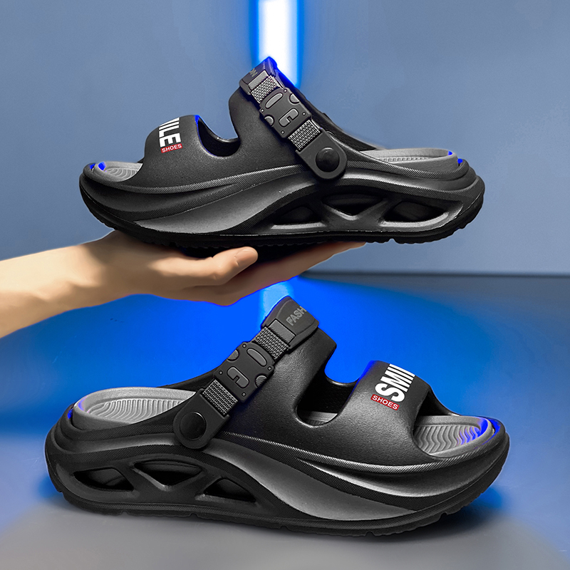 Men Hollow Cutout Platform Sport Slides Adjustable Buckle Heel Strap Letter Print Gradient EVA Thick Cushion Anti Slip Beach Shower Casual Slippers - view 5