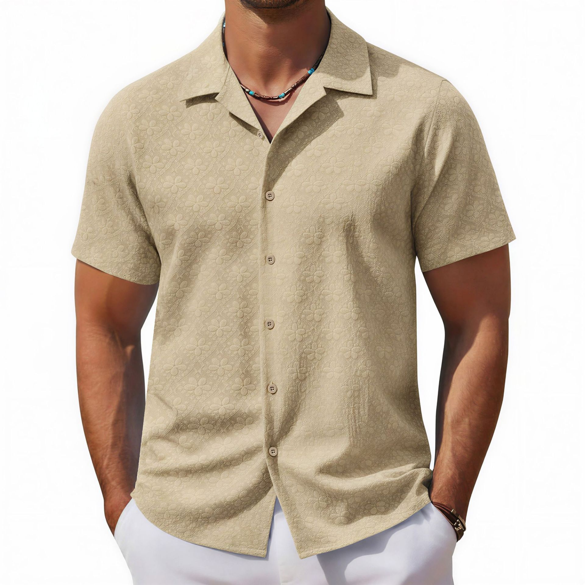 Cross-Border Men's Clothing, American Retro Khaki Jacquard Short-Sleeve Cuban Collar Casual Floral Shirt, In Stock - view 5