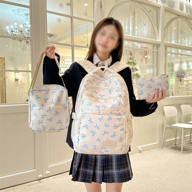 Korean Fashion Bow Print Womens Backpack Lightweight Simple Student Schoolbag Female Bag Set ThreePiece y260615