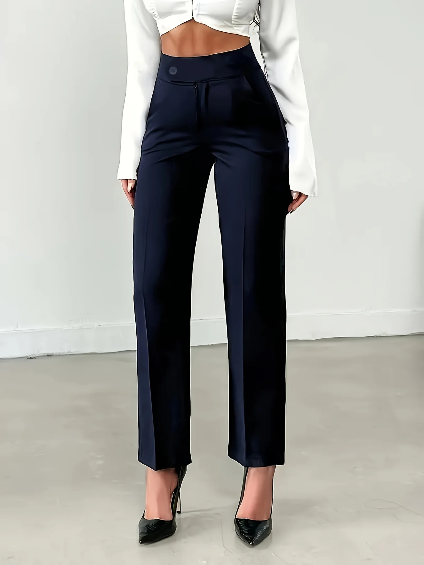 Navy Blue High Waist Trousers Tailored Straight Leg Office Pants with Button Closure Elegant Comfortable for Work Casual 260625 - view 3