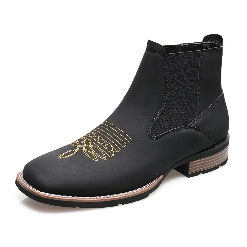Retro Chelsea Boots Men Shoes PU Brown Embroidery Business Casual British Style Street Urban Wear Classic Black Ankle Boots 260626 - view 7