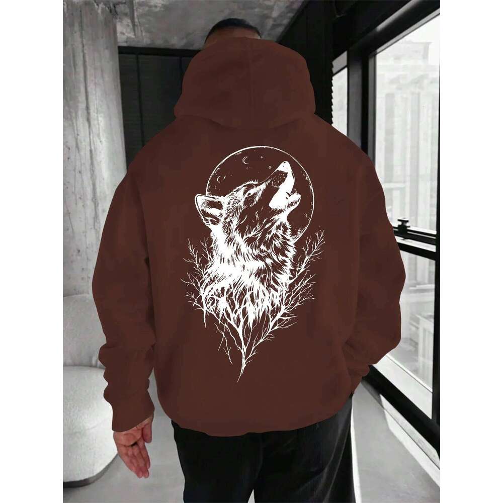 Men's "wolf" pattern printed sweatshirt, drawstring kangaroo pocket, comfortable, casual and fashionable hooded pullover W260626 - view 5