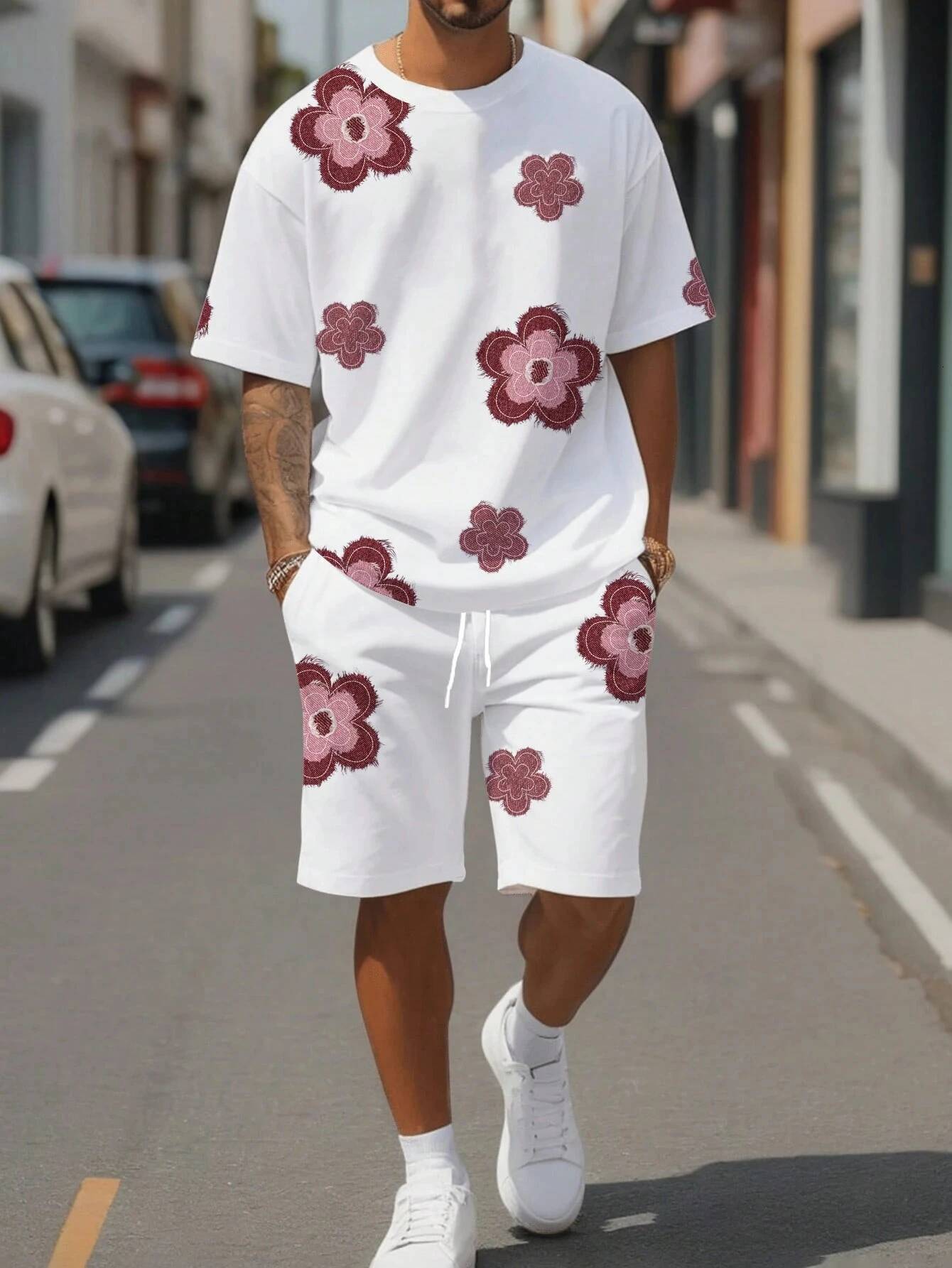 T Shirt Shorts 2 Piece Set Fashion Men's Black And White Flower Graphic Print T-Shirt 2-Piece O-Neck Short Sleeve Top Elastic Waist Shorts Set - view 9