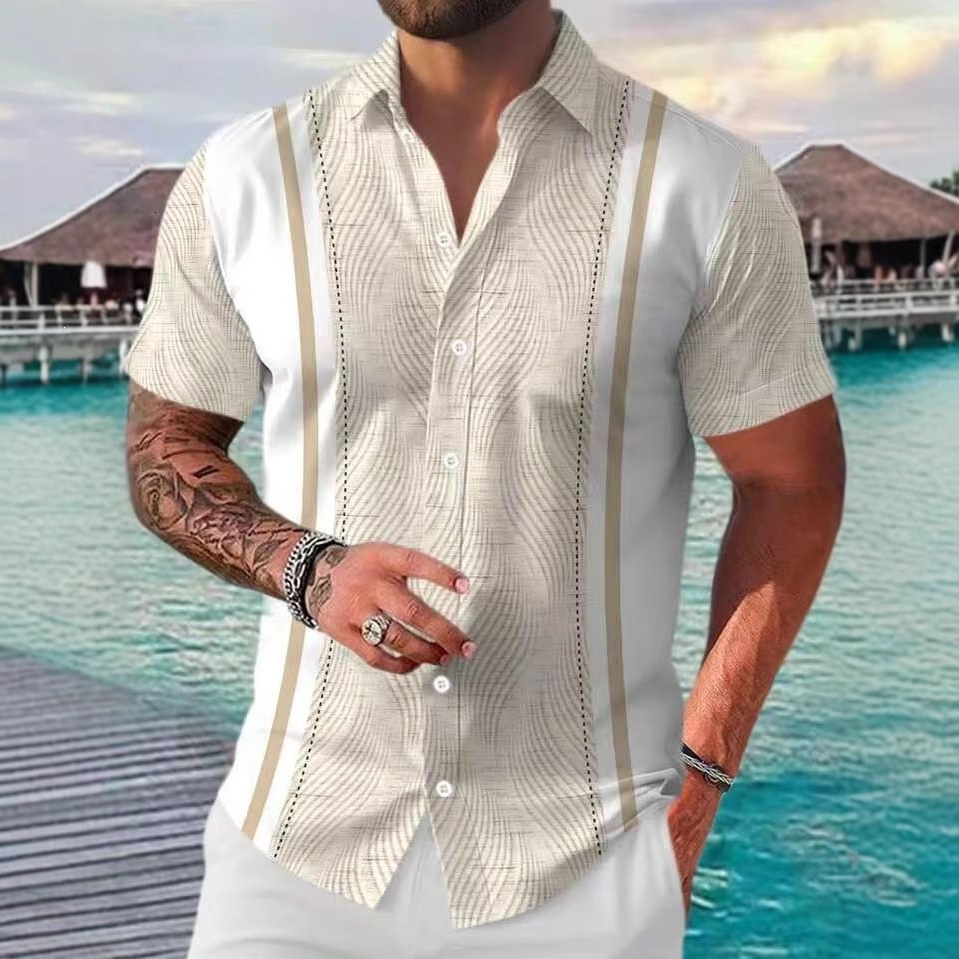 Mens Summer Thin Breathable Beach Striped Print Four-Way Stretch Short Sleeve Floral Shirt