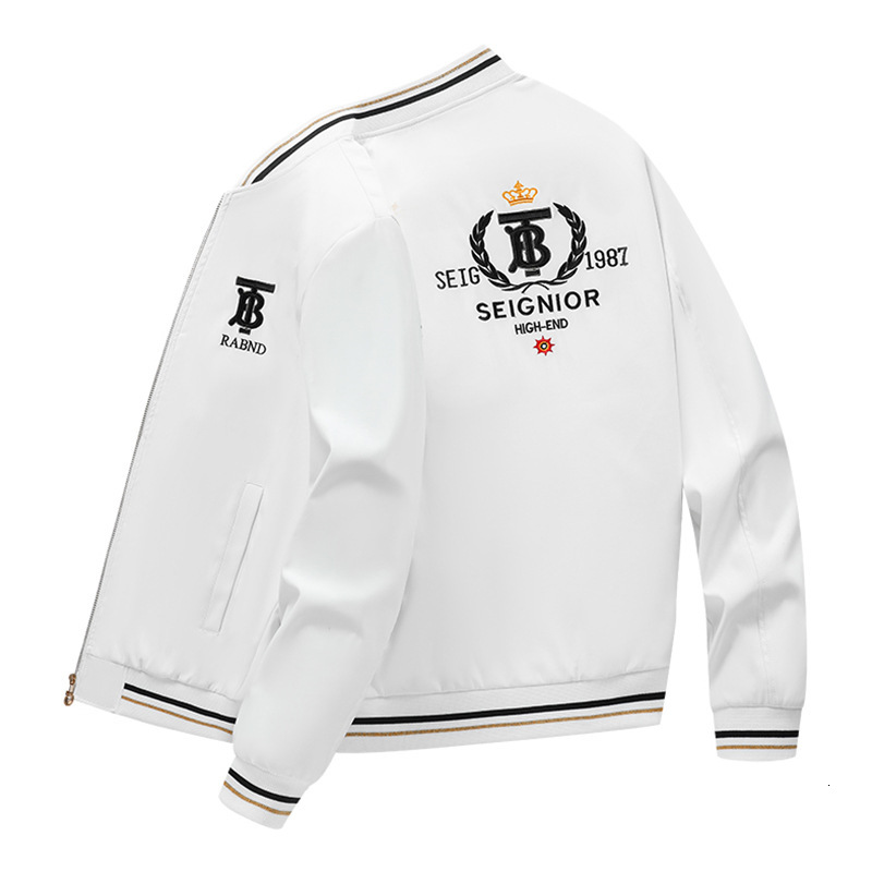 Men's Embroidered Jacket, Casual White Acetate Baseball-Style Coat with Hood, Slim-Fit Zipper Closure, Long Sleeves, Ribbed Trim, Appliqué SEIGNIOR Cr - view 6